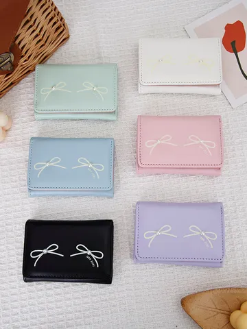 Koreanischer Stil Schleife Perle Damen Kurze Brieftasche Dreifach Gefaltet PU Leder Kartenhalter Münzbörse Mode Kleines Portemonnaie