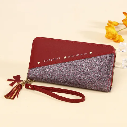 Cartera Larga para Mujer Patchwork Color en Contraste Purpurina Cuero PU Bolso de Mano Cremallera Gran Capacidad Borla Lazo Porta Tarjetas