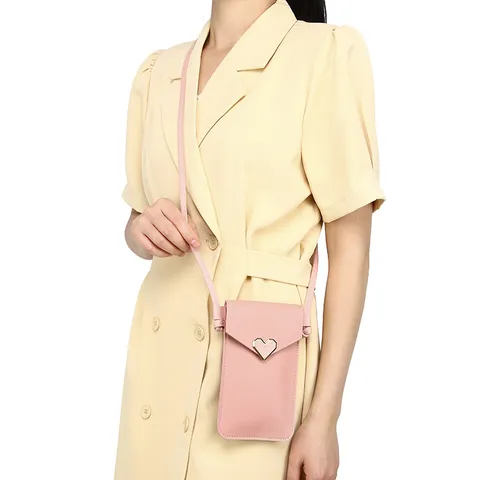 Women's Mini Crossbody Phone Bag With Touch Screen PU Leather Heart Buckle Wallet Handbag Shoulder Pouch For Cell Phone