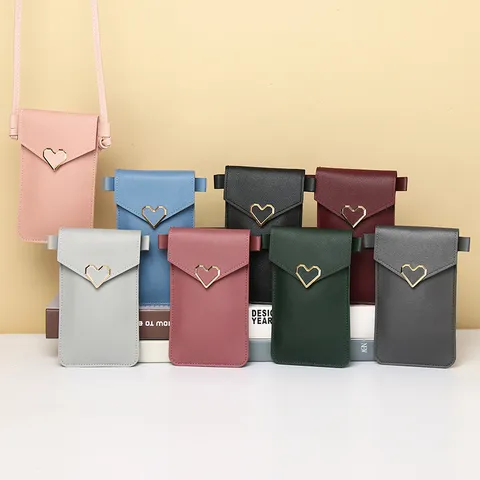 Women's Mini Crossbody Phone Bag With Touch Screen PU Leather Heart Buckle Wallet Handbag Shoulder Pouch For Cell Phone