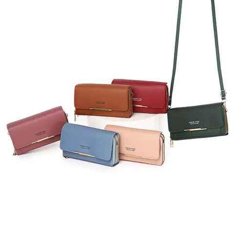 Women PU Leather Crossbody Mobile Phone Bag Double Layer Big Capacity Messenger Shoulder Purse Wallet with Rhinestone Decor