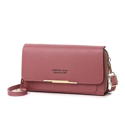 Women PU Leather Crossbody Mobile Phone Bag Double Layer Big Capacity Messenger Shoulder Purse Wallet with Rhinestone Decor