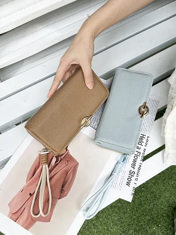 Damen Geldbörse Lang PU Leder Dreifach Gefaltet Große Kapazität Kartenhalter Mode Litschi Muster Clutch Münzfach Mit Handschlaufe