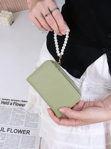 Women's Small Wallet Japanese Minimalist Lychee Pattern PU Leather Short Coin Purse With Pearl Chain Card Holder