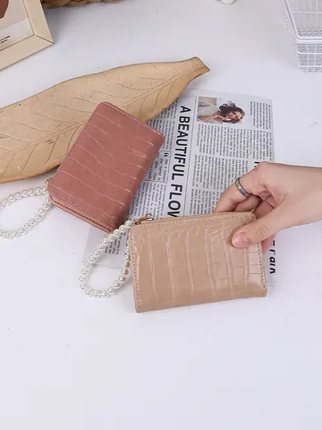 Women Fashion Crocodile Pattern PU Leather Short Wallet With Artificial Pearl Strap Elegant Bifold Zip Card Purse Coin Pocket Holder