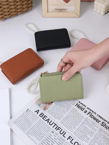Women's Small Wallet Japanese Minimalist Lychee Pattern PU Leather Short Coin Purse With Pearl Chain Card Holder