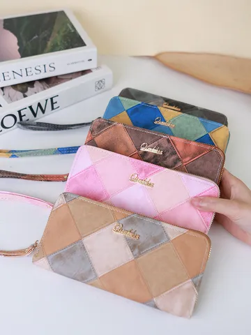 Portafoglio Lungo da Donna Retro Patchwork Colore a Contrasto in Pelle PU Con Cerniera Grande Capacità Porta Carte