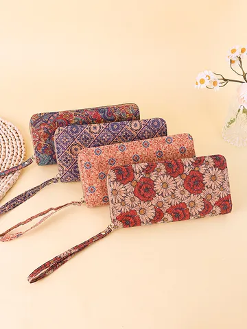 Damen Lange Brieftasche Boho Blumendruck PU Leder Reißverschluss Clutch Retro Ethno Stil Handgelenktasche Kartenhalter Geldbörse