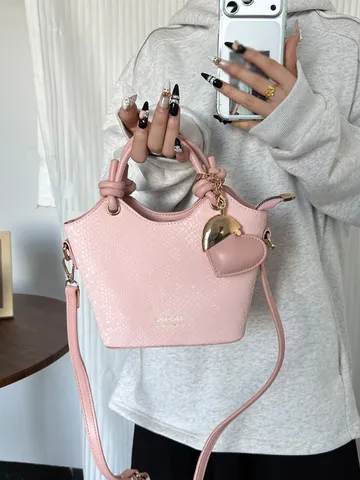 Borsa a Secchiello da Donna in Pelle PU con Motivo a Serpente Ciondolo a Cuore Elegante Borsa a Mano a Tracolla Pendolare da Donna