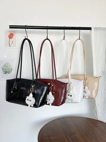 Mode Damen Krokodil-Muster Tragetasche PU-Leder Alligator-Textur Schultertasche Mit Plüsch-Monster-Anhänger Pendeltasche