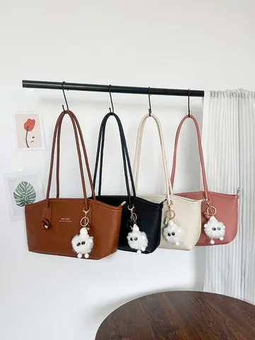 Große Kapazität Tote Bag Für Damen Minimalistische PU Leder Schultertasche Pendler Achseltasche Mit Plüschanhänger