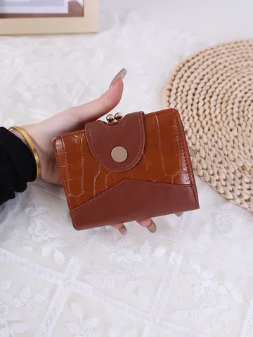Damen Krokodilmuster Kurze Brieftasche Mit Abnehmbarem Kussverschluss Münzfach Luxus PU Leder Kartenhalter Clutch
