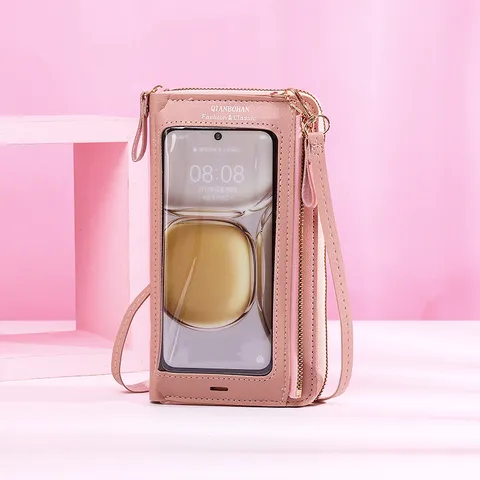 Women Touch Screen Mobile Phone Bag PU Leather Multi Function Crossbody Shoulder Bag Letter Print Zip Card Holder Coin Purse Bag