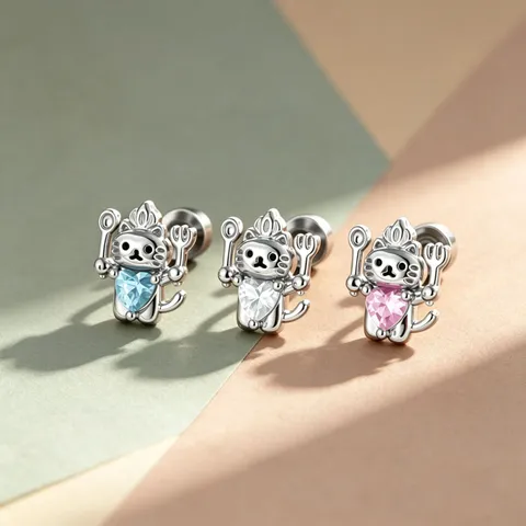 Pendientes de Botón de Gato Chef Corazón de Strass Aleación de Titanio Acero Inoxidable Joyería de Piercing para Mujeres Niñas