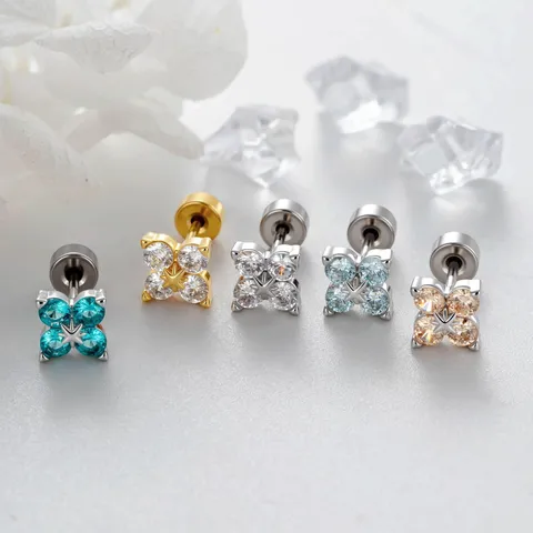Clou de Cartilage en Cuivre Strass Fleur de Luxe Mode Niche Éclat d'Étoile Double Vis Bijoux de Piercing pour Hommes Femmes