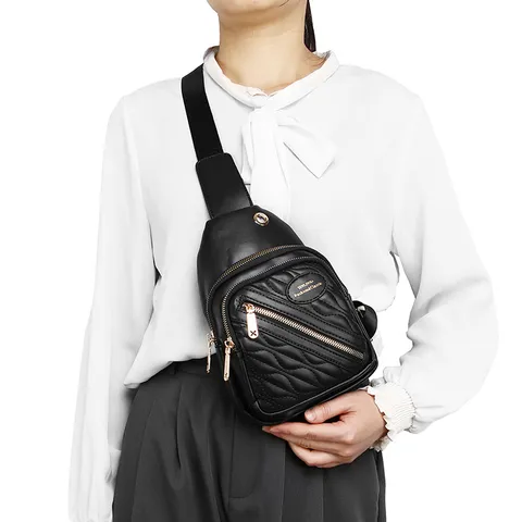 Fashion PU Leather Chest Bag For Women Plaid Stitching Large Capacity Crossbody Shoulder Pack Outdoor Casual Sling Purse