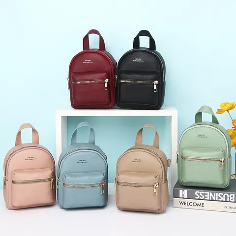 Mini Sac à Dos de Mode pour Femmes Motif Litchi en Cuir PU Sac à Bandoulière Multi-positions Petit Sac à Main de Voyage