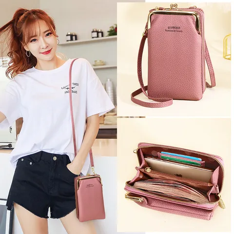 Mode PU Leder Damen Handy Umhangetasche Retro Kussverschluss Multifunktionale Brieftasche Litschi Struktur Kleine Schultertasche Kartenhalter Tasche