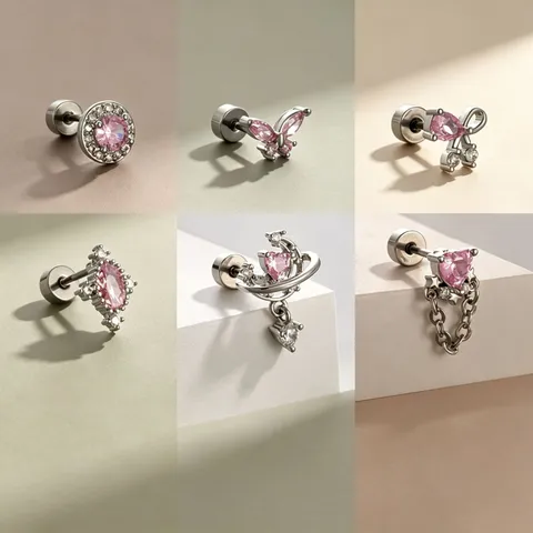 Roze Zirconia Oorknopjes 316 Roestvrij Staal Titaniumlegering Unieke Schroefsluiting Oorkraakbeen Piercing Sieraden Voor Vrouwen Vlinder Hart Planeet Kleine Oorbellen