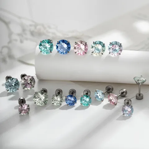 Summer Fresh Gradient Colorful Rhinestone Round Cut Helix Stud Earrings 316L Stainless Steel Piercing Jewelry For Men Women