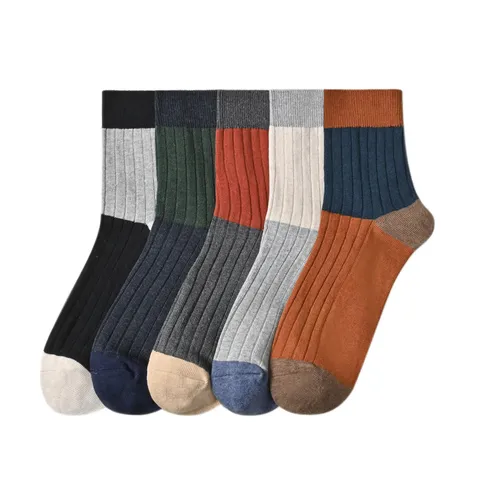 Men's Casual Pure Cotton Crew Socks Retro Color Block Breathable Sweat-Absorbent Spring Autumn Daily Socks