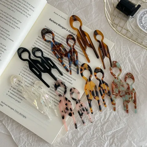 French Vintage Acetate U-Shaped Hair Fork Tortoiseshell Marble Pattern Fish Hair Stick Updo Bun Maker For Women Hair Accessories