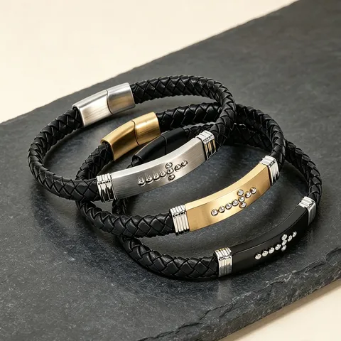 Men Vintage Woven Microfiber Leather Cross Bracelet Matte Stainless Steel Rhinestone Bracelet For Business Commute Men Jewelry