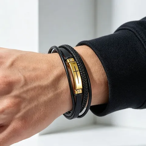 Men 304 Stainless Steel Cross Curved Plate Multilayer Braided Microfiber Leather Bracelet Zirconia Inlaid Jewelry Bracelet