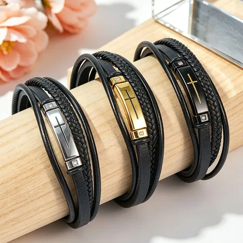 Men 304 Stainless Steel Cross Curved Plate Multilayer Braided Microfiber Leather Bracelet Zirconia Inlaid Jewelry Bracelet