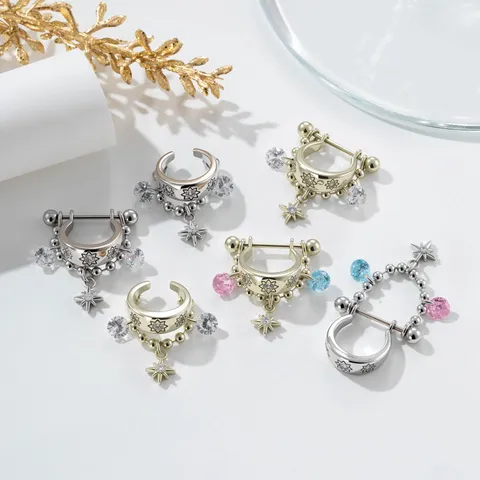 Niche Design Instagram Style Copper Rhinestone Star Detachable D Ring Cartilage Ear Hoop Piercing Earrings For Unisex Daily Party Decor Jewelry