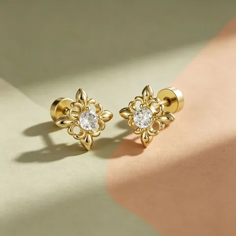 Orecchini a Bottone da Cartilagine Croce Giglio in Acciaio Inossidabile 316L Vintage Lusso Placcato Sottovuoto Oro Caffè Strass Gioielli Piercing a Vite per Uomo Donna Quotidiano