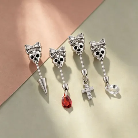 Pendientes de Botón Góticos Calavera con Lazo Aleación de Titanio Strass Cruz Gota Piercing para Mujer Joyería Punk