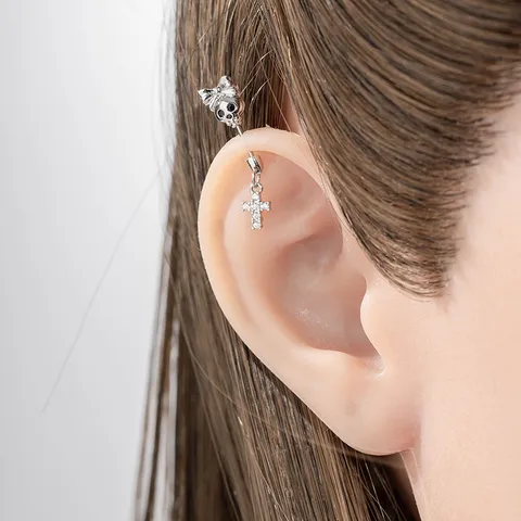 Pendientes de Botón Góticos Calavera con Lazo Aleación de Titanio Strass Cruz Gota Piercing para Mujer Joyería Punk