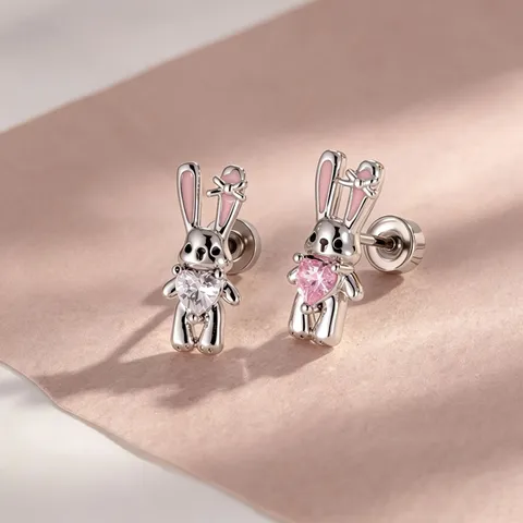 Pendientes de Botón de Conejo Corazón Circonia Acero Inoxidable Aleación de Titanio Rosa Blanco Pendientes de Cartílago Mujer Joyería