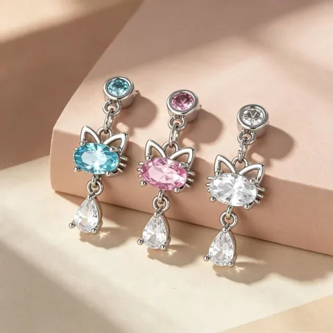 Clou d'Oreille de Piercing en Alliage de Titane et Acier Inoxydable Chat Zirconia Avec Pendentif Goutte d'Eau pour Femmes