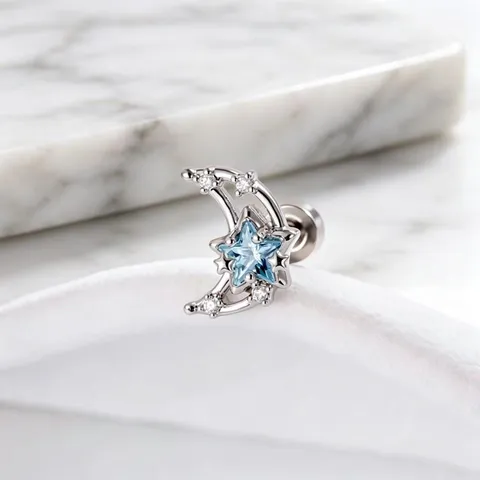 Pendientes de Botón Bojie con Estrella y Luna de Circonia Brillante para Mujer Diseño de Nicho Lujo Ligero Joyería de Oreja de Metal Galvanizado
