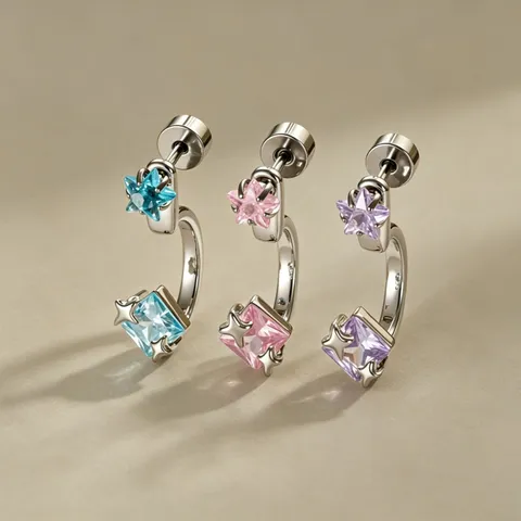 Boucles d'Oreilles Clous de Cartilage en Forme de C avec Strass Carrés et Étoile en Acier Inoxydable 316L pour Femme Homme
