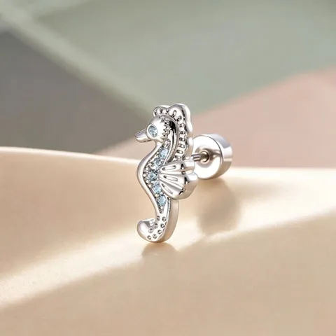 Serie Océano Caballito de Mar Pendiente de Cartílago Circonia Incrustado Acero Inoxidable Aleación de Titanio Joyería