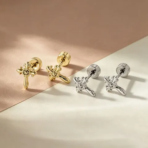 Pendientes de Botón de Cartílago de Cruz de Flor de Lis de Acero Inoxidable 316L Vintage Joyería de Piercing con Cierre de Tornillo de Aleación de Titanio para Unisex