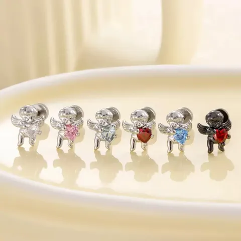 Pendientes de Botón de Ángel con Corazón de Circonia de Acero de Titanio para Mujer Cierre de Tornillo de Doble Cabeza Joyería Vintage