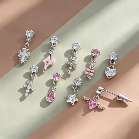 304 Stainless Steel Cartilage Stud Earrings Rhinestone Crystal Star Cross Heart Angel Wings Pendant Body Piercing Jewelry For Unisex