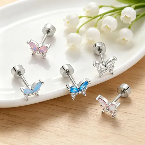Titanium Steel Butterfly Stud Earrings Shiny Rhinestone Inlaid Screw Back Cartilage Piercing Jewelry For Women Gift