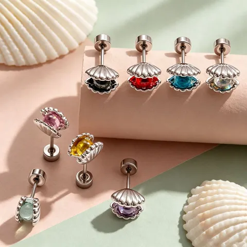 Boucles d'Oreilles Clous Coquille Colorée en Acier Inoxydable pour Femmes Piercing Hélix Double Tête à Vis Bijoux Style Océan