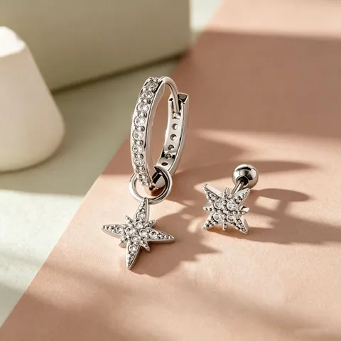 Titanium Steel Zirconia North Star Stud Earrings For Women Piercing Helix Hoop Earrings Minimalist Silver Sparkly Jewelry