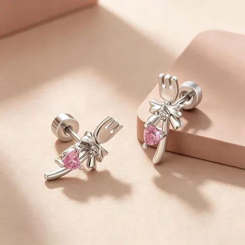 Pendiente de Trago Lindo Tenedor Lazo Circonia Corazón Rosa Acero Inoxidable Titanio Hélice Cartílago Joyería Mujer