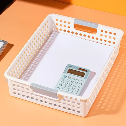 Plastic Storage Basket With Handle Hollow Perforated Design Desktop Organizer For Kitchen Bathroom Fruit Snacks Rectangular Storage Bin