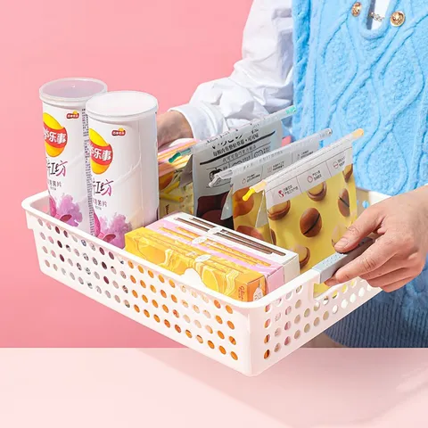 Plastic Storage Basket With Handle Hollow Perforated Design Desktop Organizer For Kitchen Bathroom Fruit Snacks Rectangular Storage Bin