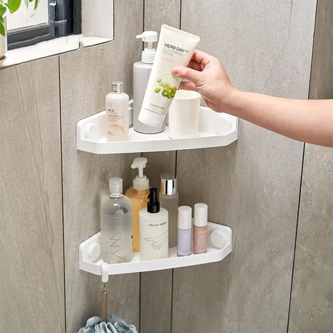 Wall Mounted Corner Shower Caddy Bathroom Organizer Plastic Triangle Storage Shelf No-Drilling Adhesive Kitchen Spice Rack White Home Organization