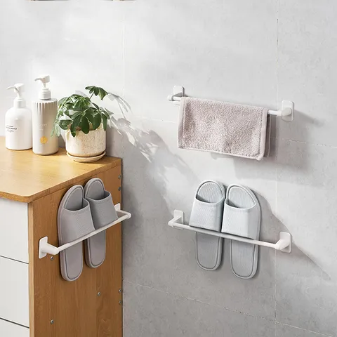 Japanese Style Drill-Free Towel Rack Bathroom Wall Mounted White ABS Storage Shelf Multi-Purpose Pot Lid Rack Kitchen
