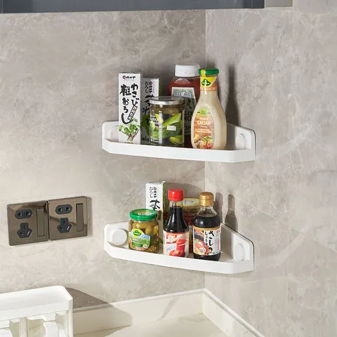 Wall Mounted Corner Shower Caddy Bathroom Organizer Plastic Triangle Storage Shelf No-Drilling Adhesive Kitchen Spice Rack White Home Organization
